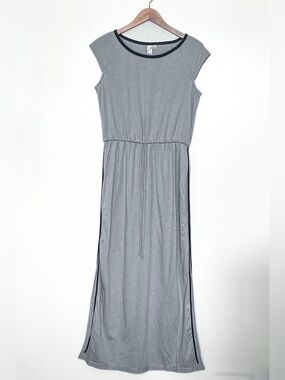 Emma & Michele grey capsleeve knit maxi dress drawstring, black side stripes Med